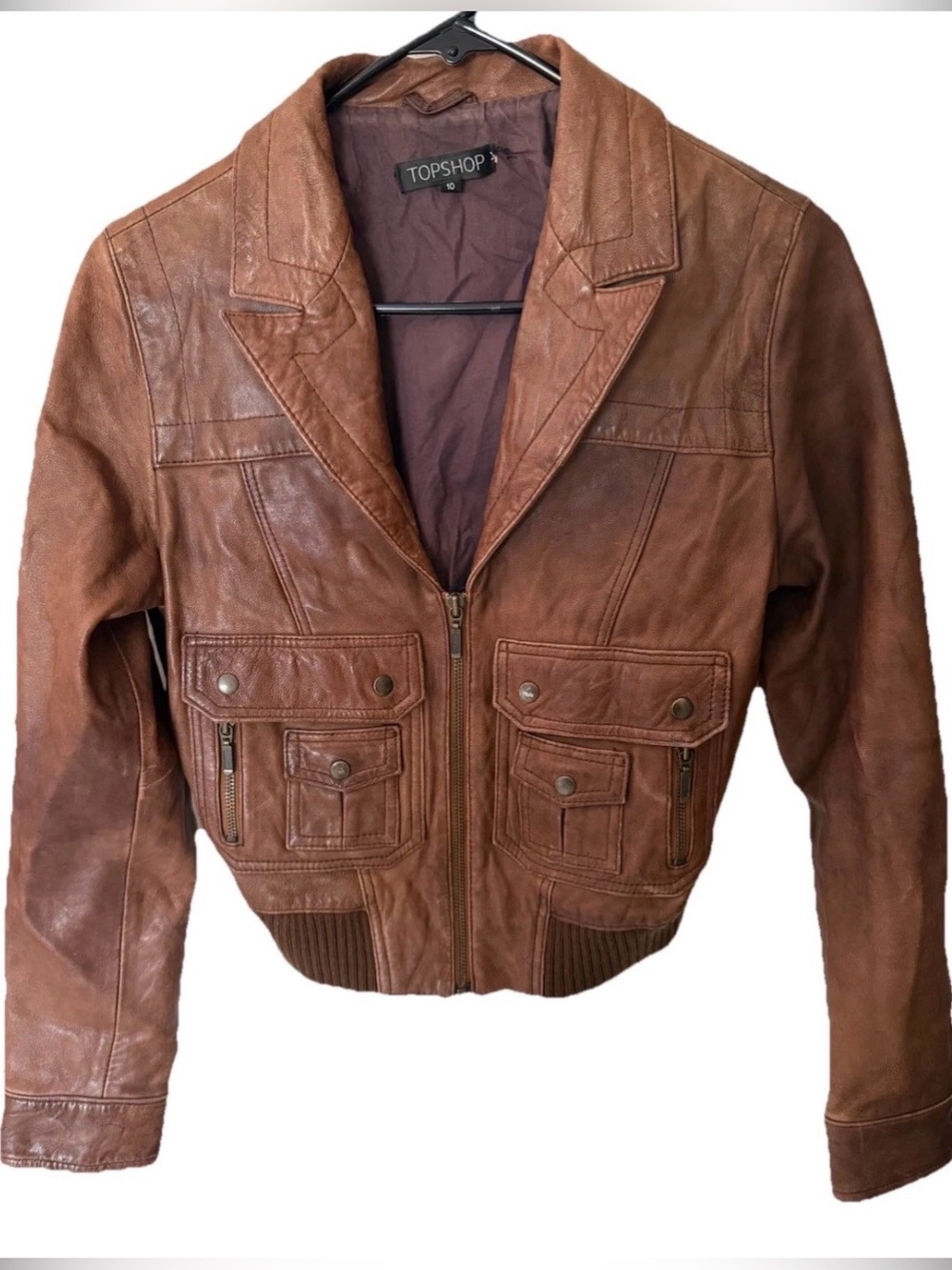 TOPSHOP Brown Leather Bomber Jacket Vintage SZ 10 Front Pockets Lined Soft Y2K